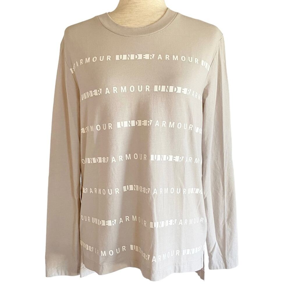 UNDERARMOUR Logo Print Loose Fit Long Sleeve Shirt Size Small Creamy Gray